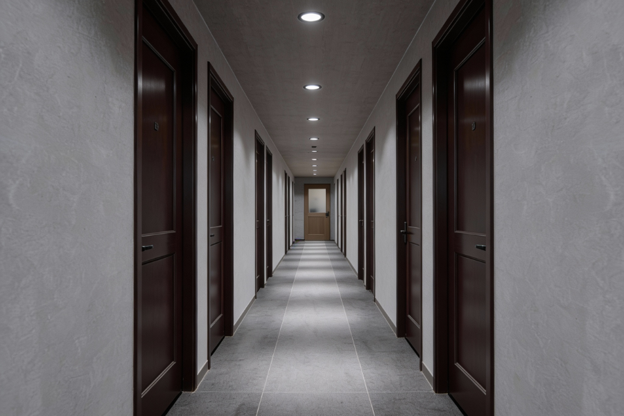 共有部_廊下。個室オフィスは施錠可能となっています。