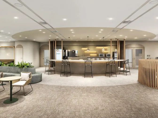 共有部_カフェブース。食事・通話・WEB会議OKの作業スペースです。※画像はイメージです。©bizcomfort