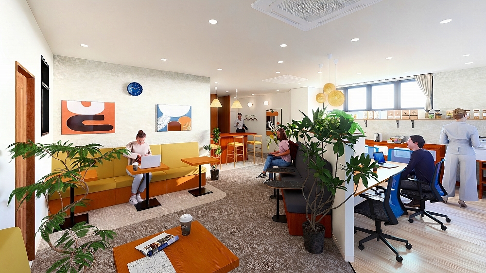 フリースペース_コミュニケーションや息抜きがしやすいカフェブース。WEB会議も可。※画像はイメージです。©bizcomfort