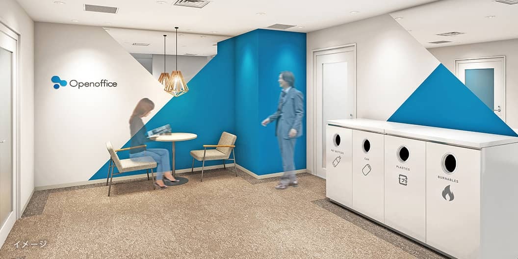 共有部_ビジネスラウンジ。仕事中のリフレッシュや来客などにも利用可能です。※画像はイメージです。©Regus