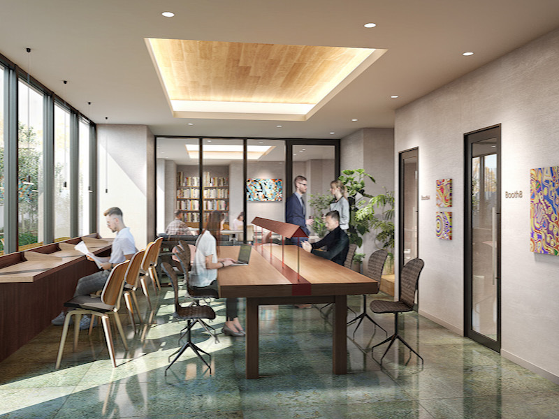 共用部_WORK LOUNGE。有料のオプションスペースです。会議室や完全個室ブースが設けられています。※画像はイメージです。