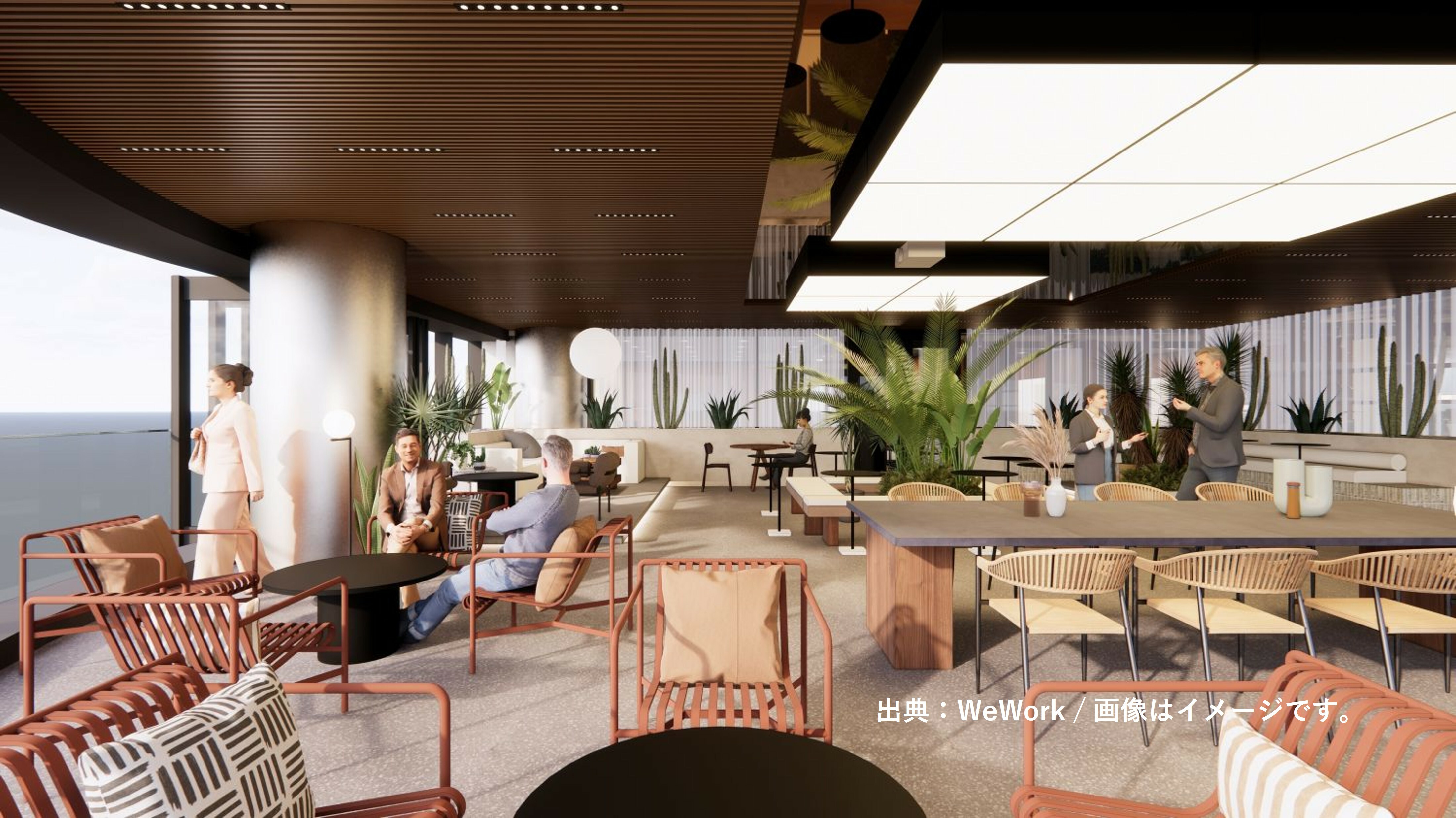共有部_ラウンジ。グループワークや個人での作業、休憩にも対応したフレキシブルなスペースです。© WeWork