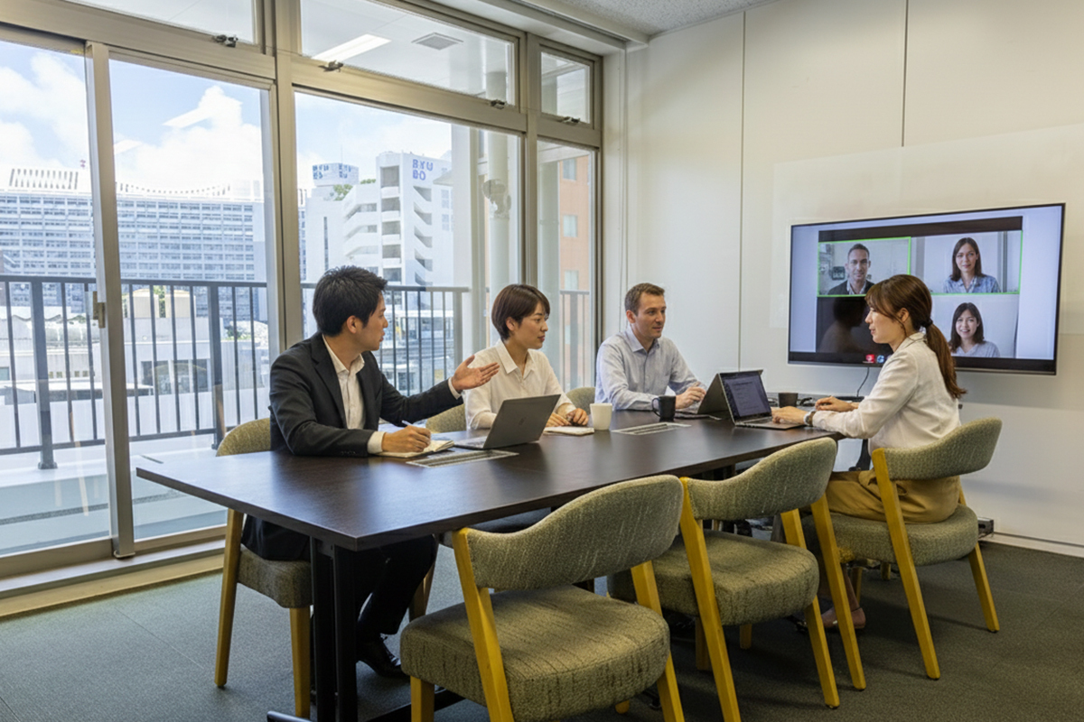 会議室_大人数（8名まで）でのミーティングも可能な会議室もご用意しています。 モニターも完備でテレビ会議にもご活用いただけます。