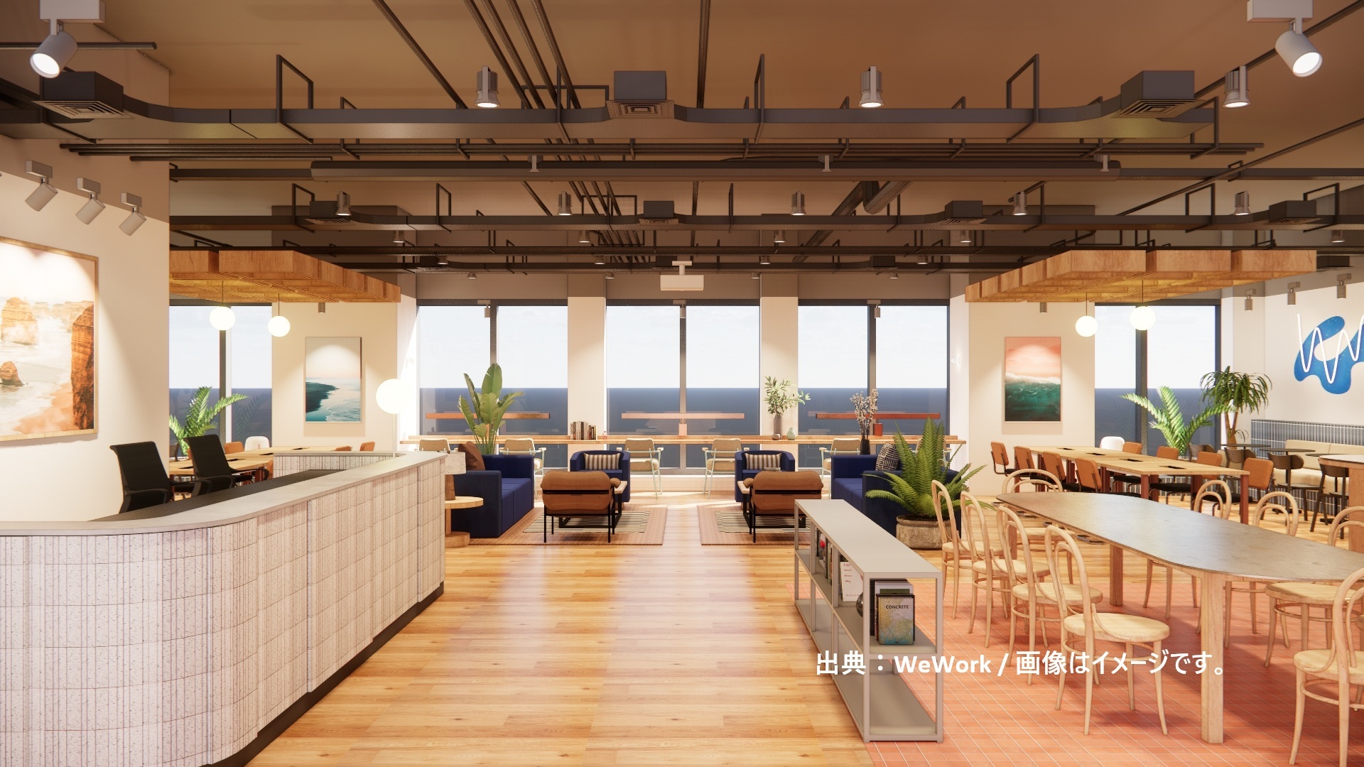 共用部_ラウンジ。グループワークや個人での作業、休憩にも対応したフレキシブルなスペースです。※写真はイメージです。© WeWork