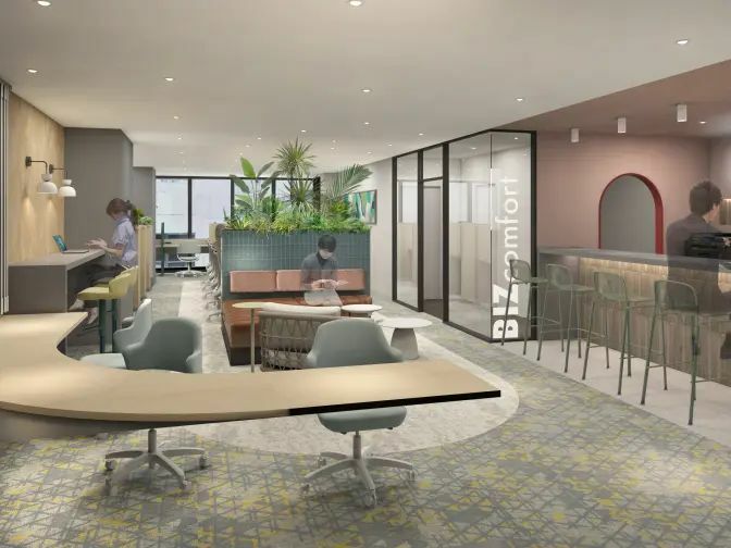 共有部_コワーキングブース。食事・通話・WEB会議OKの作業スペースです。※画像はイメージです。©bizcomfort