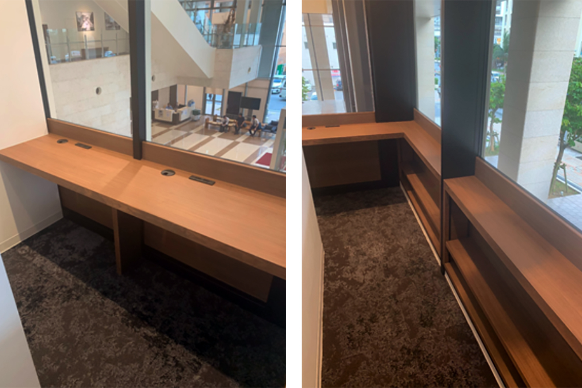 タイムスビルのロビーとオフィス街を大きな窓が魅力的。２人用カウンターデスクが備え付きです。